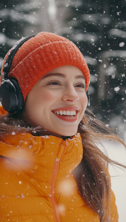 Joyful woman in orange jacket and red beanie enjoys running through snowy winter parkの素材