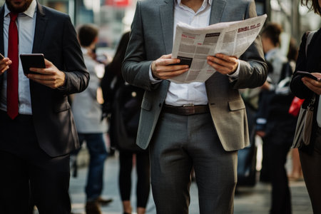 Business professionals engaged with smartphones and newspapers in a dynamic work environmentの素材