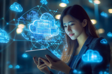 Businesswoman using tablet to implement 5g and communication tech for smart city developmentの素材