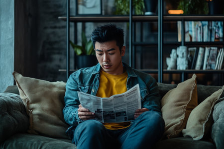 Asian man reading news on sofa in a modern interior with rich colors and stylish designの素材