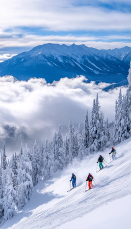 Group of adventurous skiers conquering a steep slope amidst majestic mountains and fluffy cloudsの素材