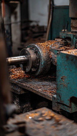 Metalworking process captivating shot of lathe grinding with spark effects in actionの素材