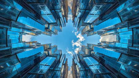 Dramatic perspective of blue skyscrapers with glass facades in urban cityscape surrounded by natureの素材