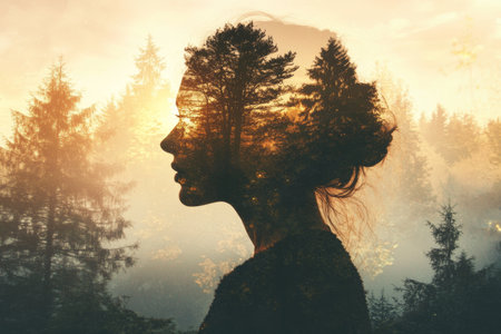 Serene forest landscape merges with woman s silhouette at sunset, creating a dreamy atmosphereの素材