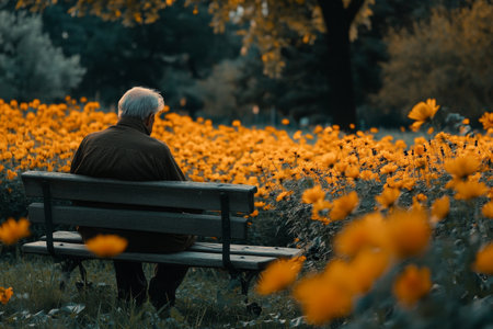 Sad old man on a bench in a morning park surrounded by vibrant gold flowers reflecting on lifeの素材