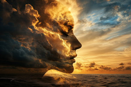 Surreal dreamscape human face in clouds over ocean at sunset with contemplative figureの素材