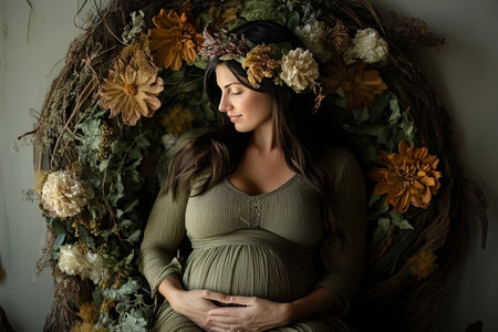 An intimate portrait of a pregnant woman embraced by earth tones and nature s serenityの素材