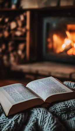 Cozy winter ambiance open book, knit blanket, and warm fireplace for ultimate relaxationの素材