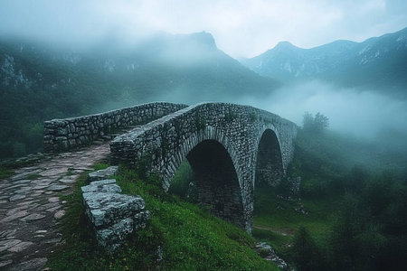 Misty ancient stone fortress bridge in tranquil mountain landscape at dawn s early lightの素材