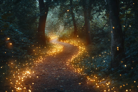 Magical forest trail illuminated by glowing fairy lights on trees and ground for enchantmentの素材