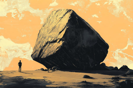 Silhouette of a man struggling against a massive rock symbolizing global pressures and challengesの素材