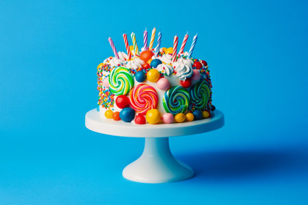 Vibrant birthday cake on a stand adorned with colorful sweets and lollipops against a blue backdropの素材