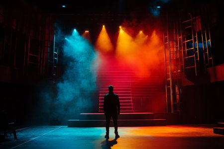Illuminated theater stage with spotlight for opera performance featuring colorful backdrop decorの素材