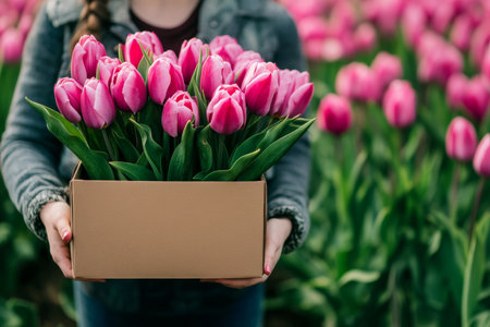 Person holding a box of pink tulips in a beautiful blooming tulip garden field outdoorsの素材