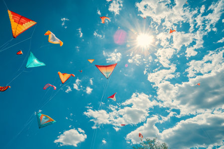 Vibrant kites soaring high in a clear blue sky illuminated by bright, warm sunlight overheadの素材