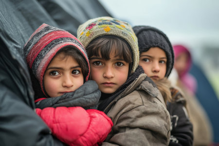 Refugee family seeking asylum children from syria and Afghanistan in front of their tentの素材