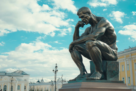 Bronze monument of a thinking man in a bustling city square, symbolizing deep contemplation.の素材