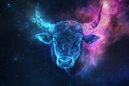 Taurus zodiac sign set against a cosmic nebula exploring astrology, horoscopes, and destinyの素材