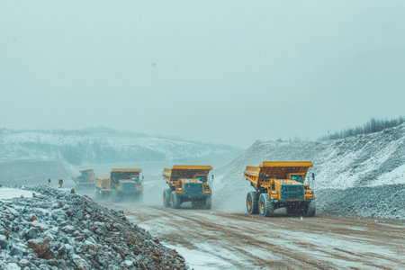 Yellow mining trucks transporting rock at open pit quarry amidst snowy winter weatherの素材
