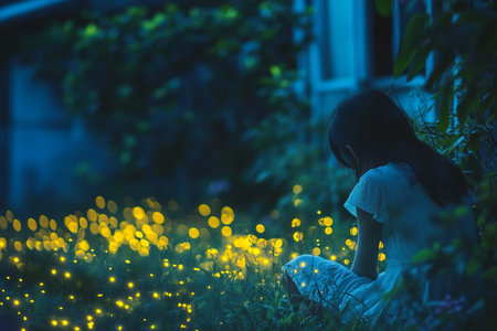 Nostalgic evening with loved ones reminiscing under the gentle glow of flickering firefliesの素材