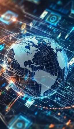 Global economic framework money and communication technologies interconnected across the worldの素材