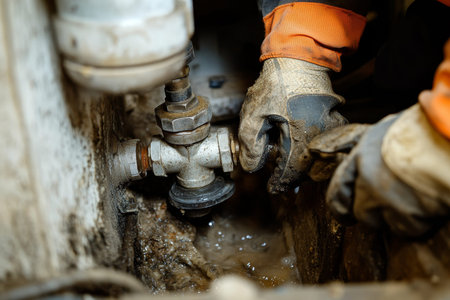 Plumber performing repairs in a bathroom fixing water leaks and replacing kitchen sink drainの素材