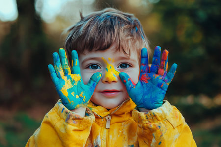 Adorable young boy joyfully engaging with vibrant colors in playful artistic explorationの素材