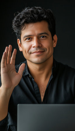 Portrait of a charming hispanic man engaged in a video conference while using his laptopの素材