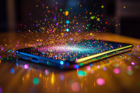 Futuristic smartphone glowing with colorful sparkles on wooden surface in stunning dramatic lightの素材