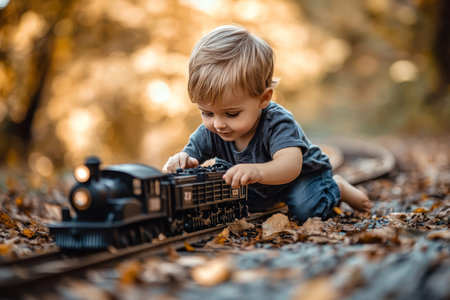 Adorable young boy engaged in play with his colorful railroad train toy set in a joyful sceneの素材