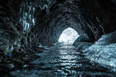 Captivating frozen tunnel landscape showcasing stunning ice formations and serene beautyの素材