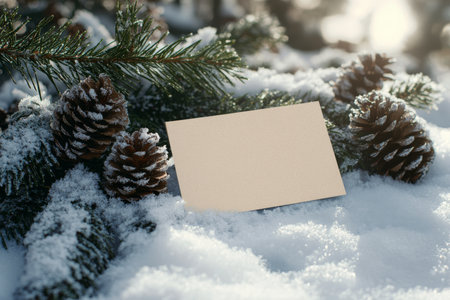 Festive winter mockup blank greeting card on snowy pine branch with pinecones and frostの素材