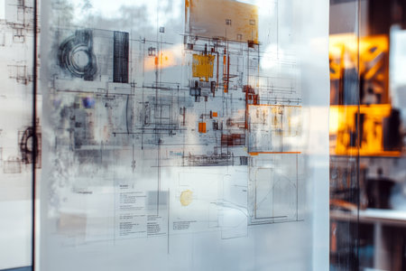 Technical schematic merging seamlessly with a completed design process photographの素材