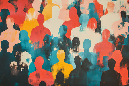 Abstract illustration of a crowd highlighting uniformity and anonymity among figuresの素材
