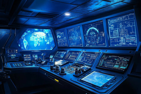 Futuristic control room featuring advanced displays and controls for naval engineering innovationの素材