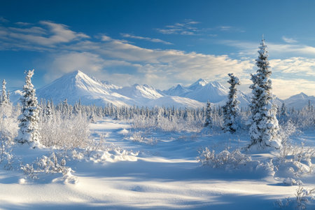 Stunning winter landscape of uninhabited northern mountains showing nature s beautyの素材