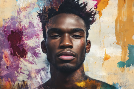 Attractive young black man model in abstract grunge painting symbolizing freedom and creativityの素材