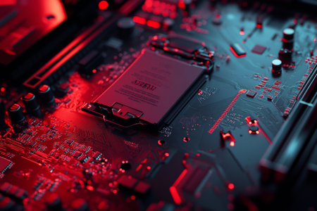 Close up view of a motherboard on a table highlighting its intricate components and designの素材