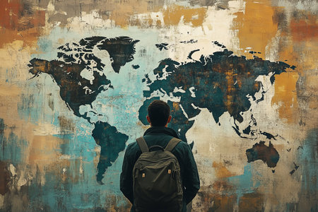 Contemporary artwork featuring a man against a world map in a collage style illustrationの素材