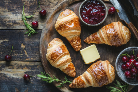 Deliciously fresh croissants served with cherry jam and butter on a rustic wooden tableの素材