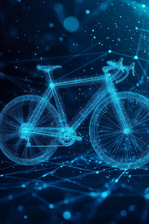 Abstract digital bicycle on blue background a symbol of innovation in future sports technologyの素材