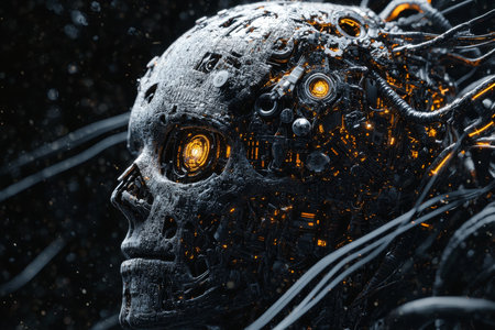 Futuristic 3d render of a cyborg soldier a robot head composed of wires and circuits in spaceの素材