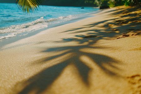 Tranquil close up of palm tree shadows on sandy beach with azure waters and lush greeneryの素材
