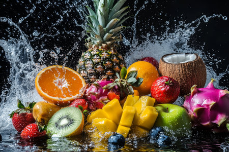 Vibrant composition of fresh fruits in motion with water splash on dark backgroundの素材