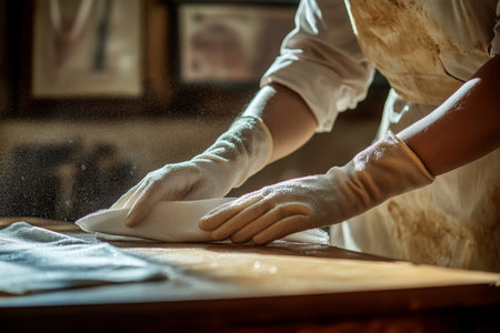 Close up of female cleaner in gloves polishing table top with cloths and spray for cleaningの素材