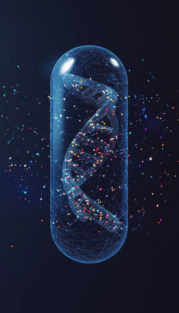 Hyper realistic low poly pill containing dna concept on dark blue background for genetic medicineの素材