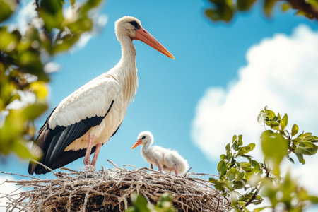 Stork family nesting a heartwarming scene of mother and newborn in natural wildlife habitatの素材