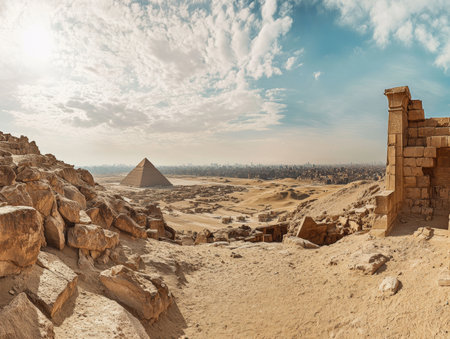 Stunning panoramic view of the ancient pyramids of giza near cairo, egypt web banner designの素材