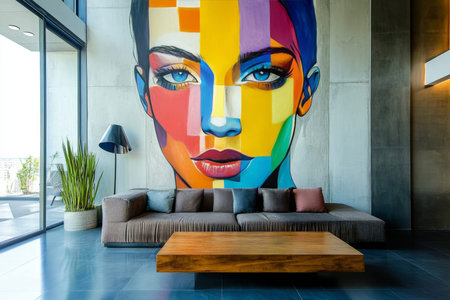 Vibrant abstract artwork enhancing contemporary living room interior design aestheticsの素材