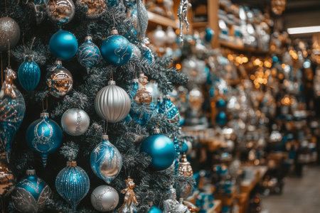 Beautifully adorned christmas tree with blue and silver ornaments in a gift shop settingの素材